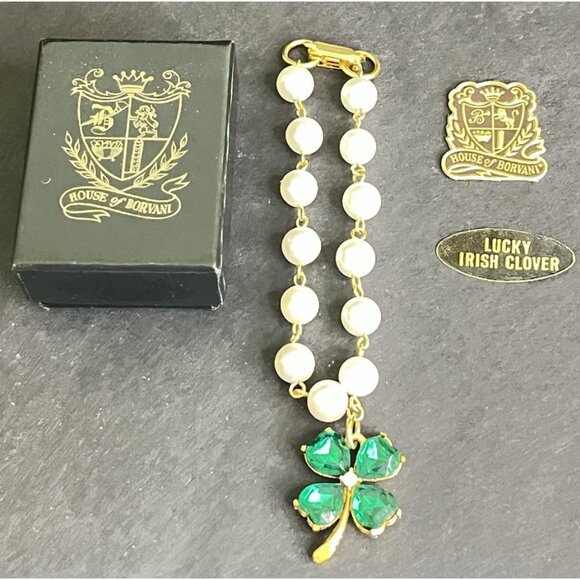 Vtg House Of Borvani Lucky Charm Bracelet 4 Leaf Clover Faux Pearls Green Glass - Picture 7 of 9